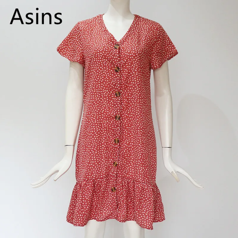 

Asins women dress 2019 summer new hot casual fashion v neck high waist printing short sleeve ruffles button chiffon sexy dress