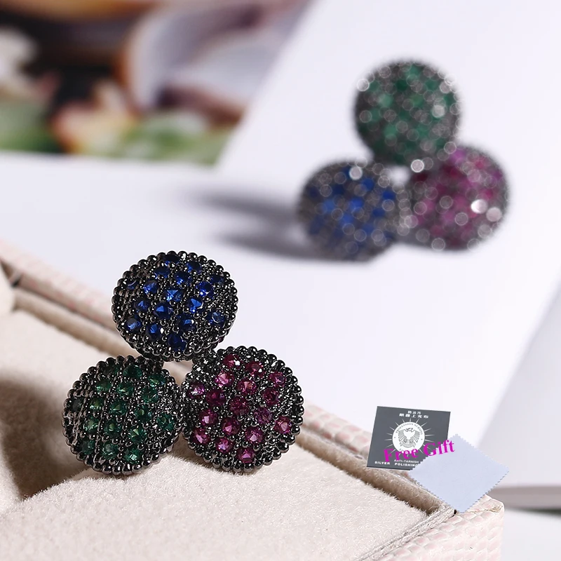 Druzy 3 круглые романтические серьги-гвоздики с кубическим цирконием для женщин с синим и зеленым фианитом, серьги с кристаллами, индийские ювелирные изделия