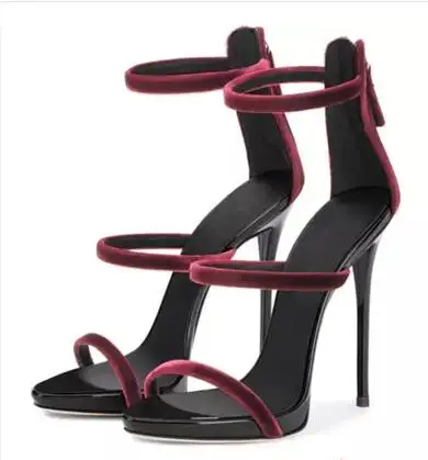 

Concise Style Women Wine Red Flock Leather Narrow Band Sandals Fashion Back Zipper Hollow Out High Thin Heel Dress Shoes