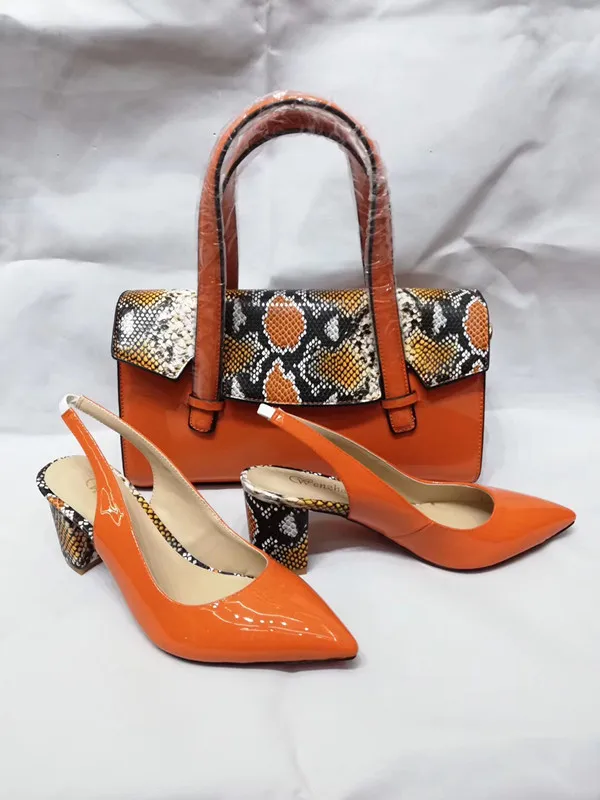 as picture Orange High Heel Ladies Shoes With Matching Women HandBag Pumps Sets Patent Leather Hottest different heels WENZHAN 36-43 A96-20 - Цвет: as picture