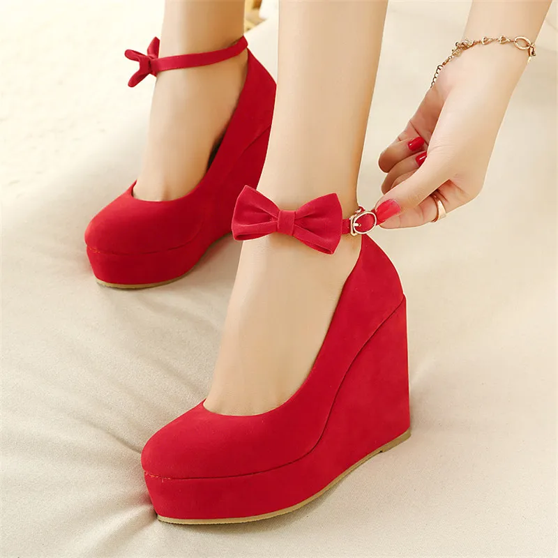 MVP BOY Women High Heels Shoes Plus Size Platform Wedges Female Pumps Elegant Flock Buckle Bowtie Ankle Strap Party Wedding | Обувь