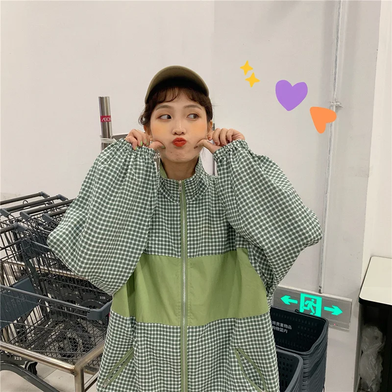 Женские куртки в клетку BF корейский Harajuku Ulzzang стиль с длинным рукавом Повседневная Женская Базовая куртка Универсальная Высокое качество свободные трендовые