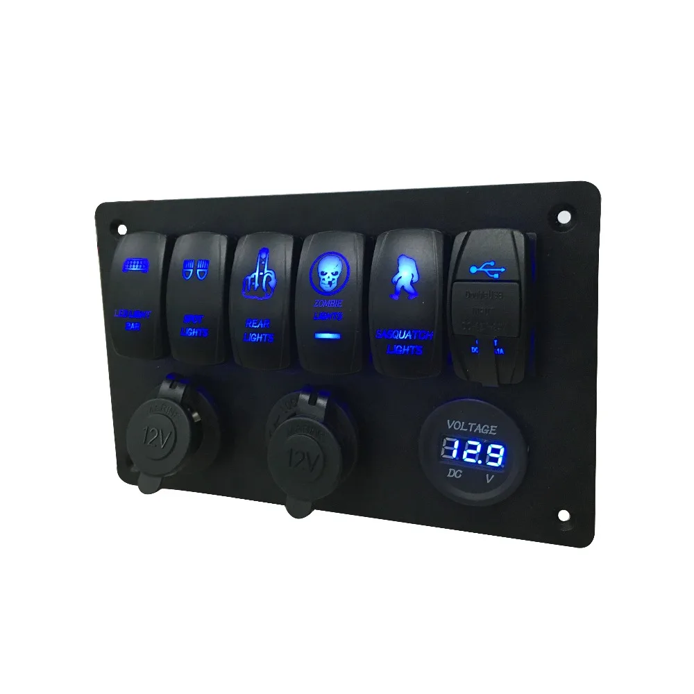 Iztoss Digital Voltmeter+dual USB + Power Outlet Socket * 2 blue voltmeter aluminum Flush Mount 6 gang rocker switch Panel | Автомобили и