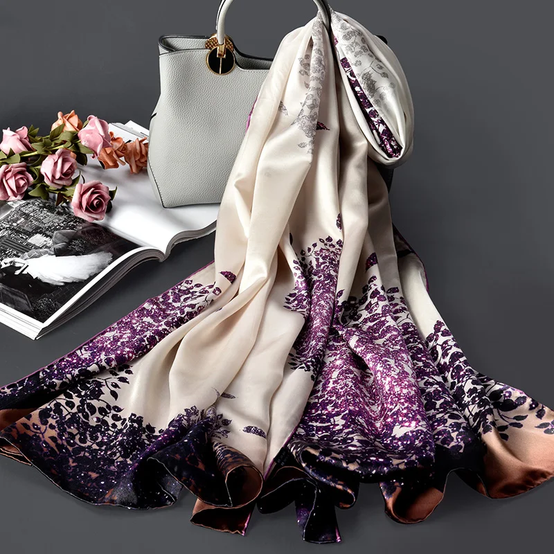 

Ladies 100% Hangzhou Pure Silk Scarf Brand 2022 Printed Shawls and Wraps for Women Neckerchief Real Silk Scarves Foulard Femme