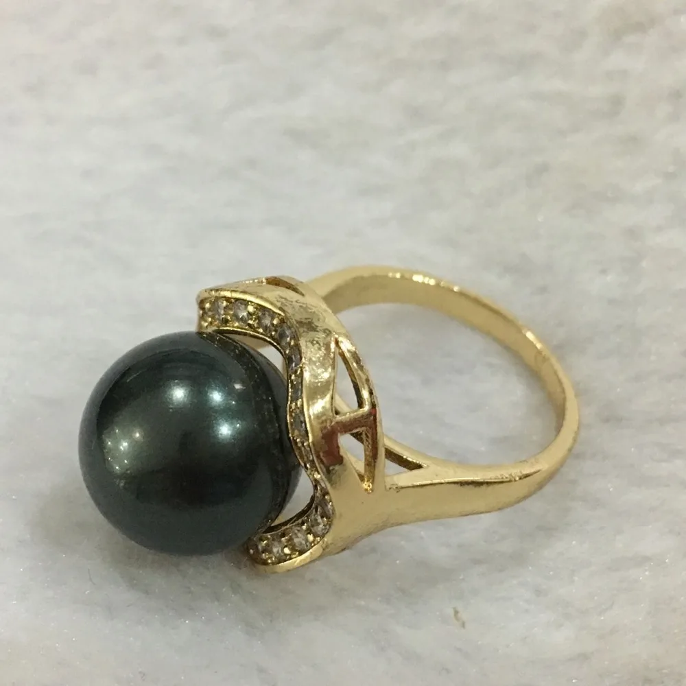 free shipping New trend lady's exquisite GP inlay crystal 14mm black shell pearl ring SIZE 6/7/8/9/10 | Украшения и