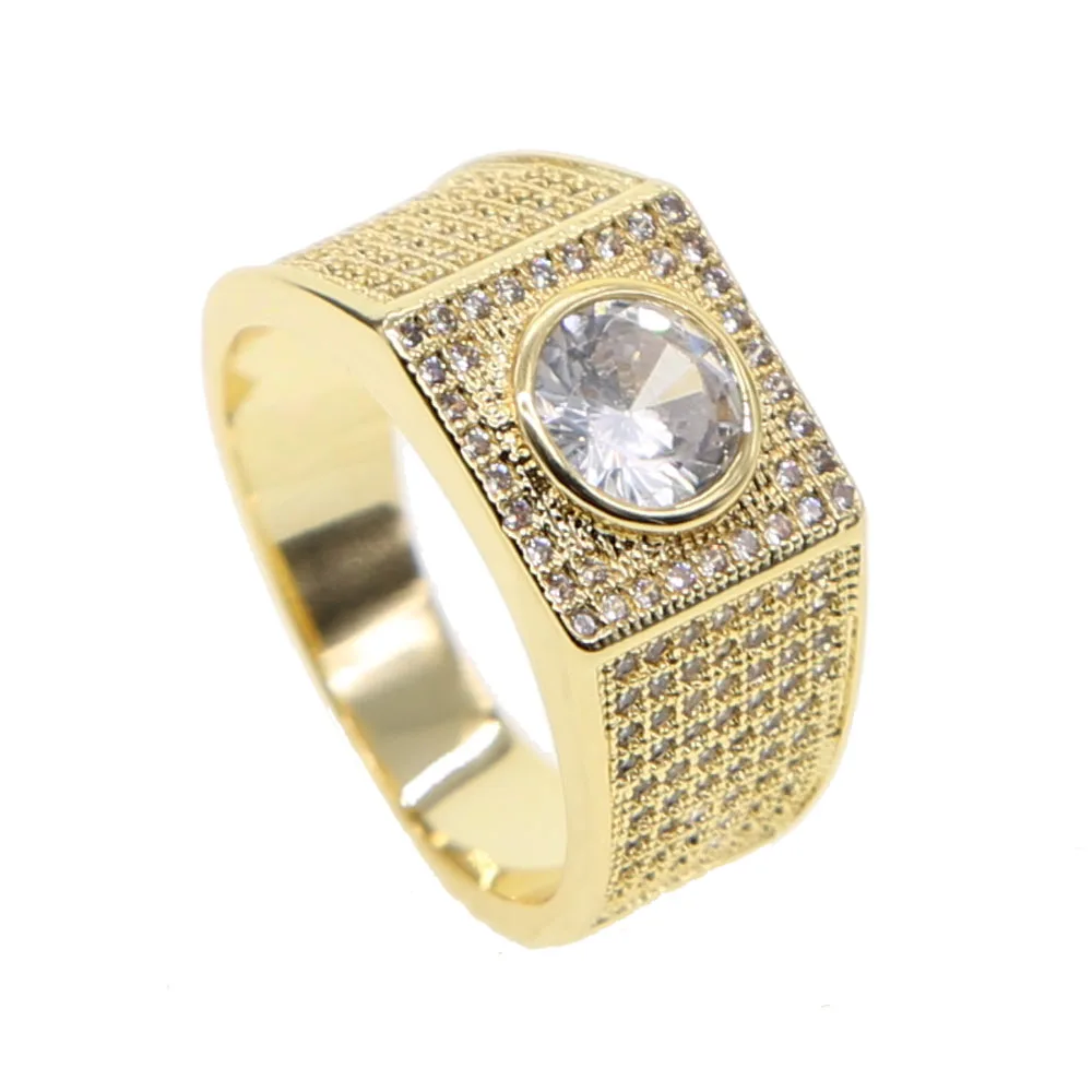 Hip Hop Full Micro Pave Rhinestone Iced Out Bling Square Ring Gold Color big cz Rings for Men Jewelry wholesale in promotion | Украшения и
