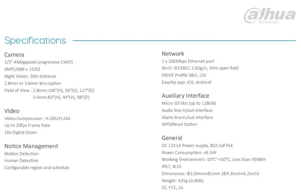 Dahua английская ip-камера 4 МП Wifi камера водонепроницаемая H.265 2,8 мм 3,6 мм дополнительная беспроводная камера Поддержка POE и sd-карты