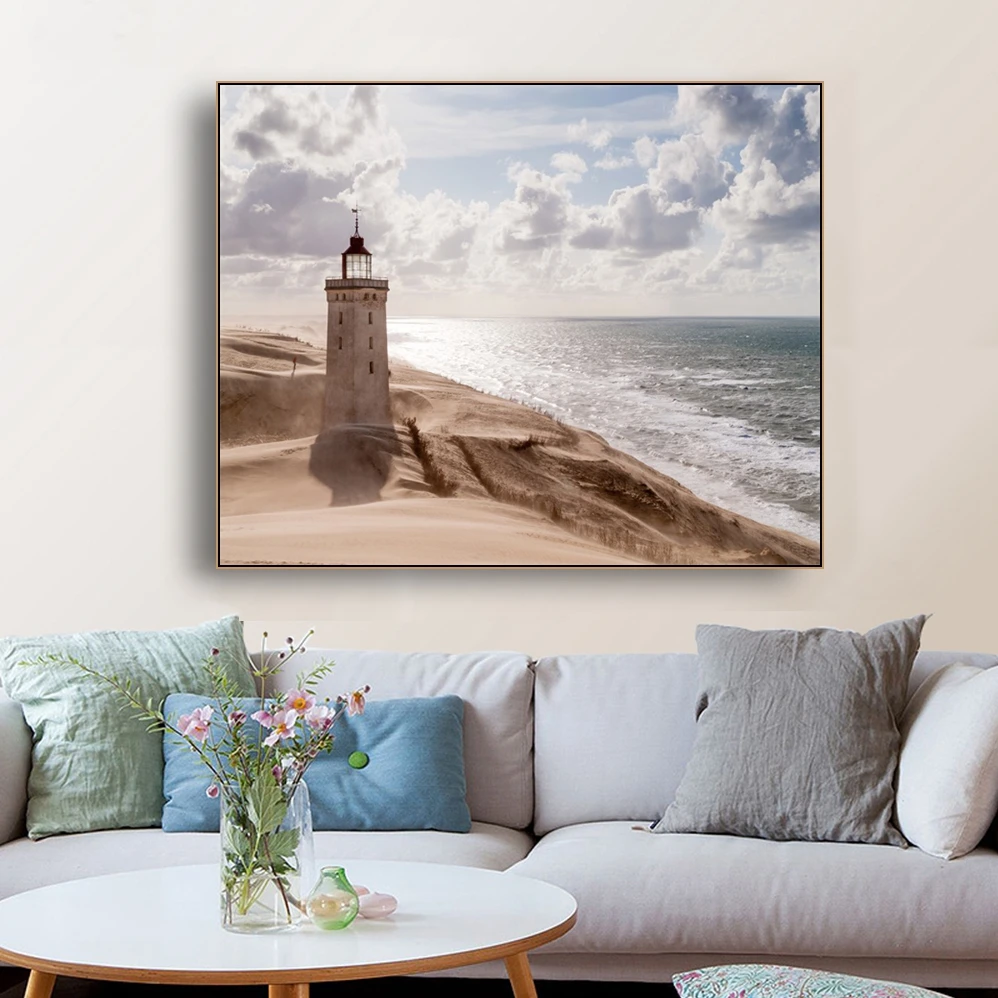 Laeacco Canvas Calligraphy Painting Natural Posters and Prints Sandstorm Lighthouse Wall Art Pictures for Living Room Home Decor | Дом и сад