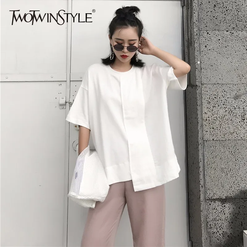 TWOTWINSTYLE Асимметричная футболка женская льняная Лоскутная с круглым вырезом и