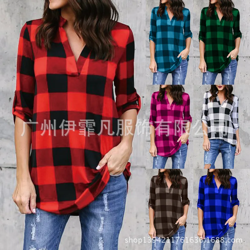 2020 женская блузка размера плюс XXXXXL AliExpress в клетку стиле пэчворк взрывов платье с v
