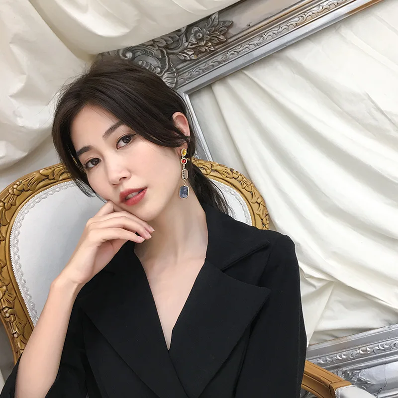 HUANZHI 2019 Luxury Colorful Baroque Metal S925 Silver Rhinestone Exaggeration Long Drop Earrings for Women Wedding Party Girls | Украшения