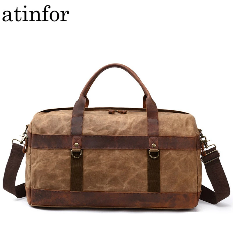 Waterproof Oil Wax Canvas with Leather Bag Men Vintage Shoulder Weekend Tote Portable Large Capacity Travel Duffle Bags