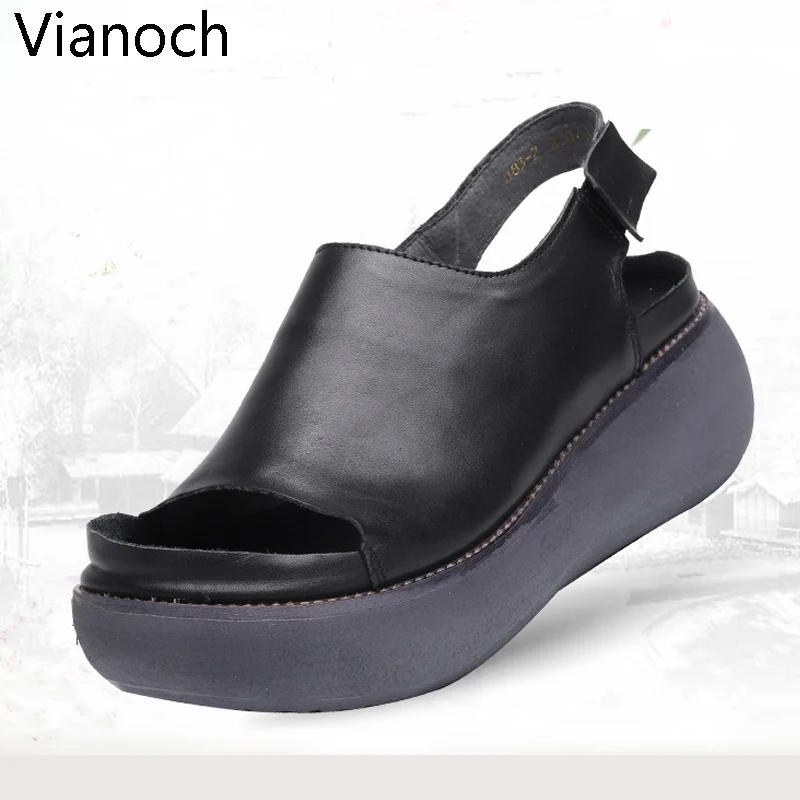 

New Fashion Women Sandals Summer Genuine Leather Flatform Shoes Peep Toe Woman wo19021