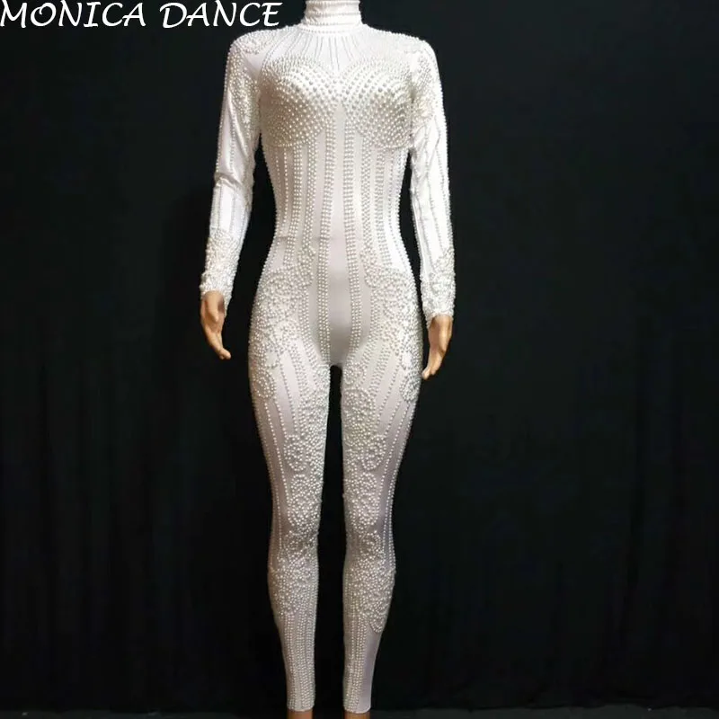 Women Sexy Stage White Pearls Stretch Bodysuit Stage Dance Wear Jumpsuit Women's Party Female Singer Costume Celebrate Outfit