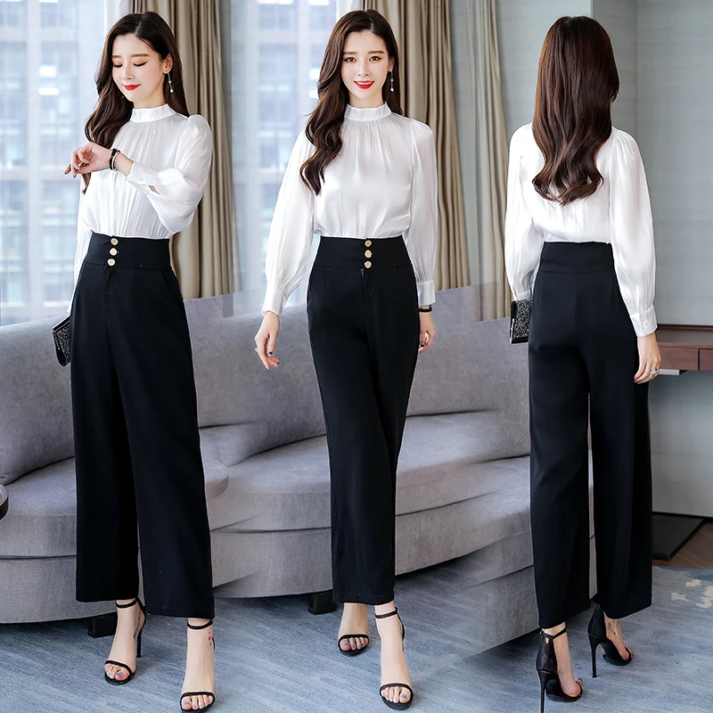 2019 осенний офисный женский брючный костюм с воротником-стойкой драпированная