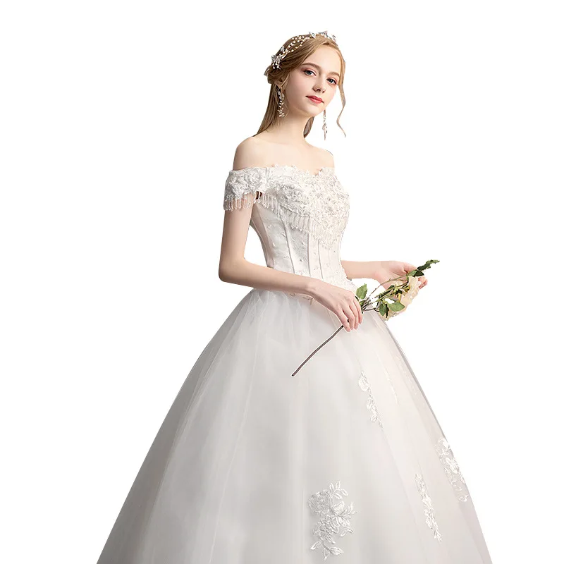 2019 свадебное платье новое Mrs Win лодка бальное с круглым вырезом открытыми плечами