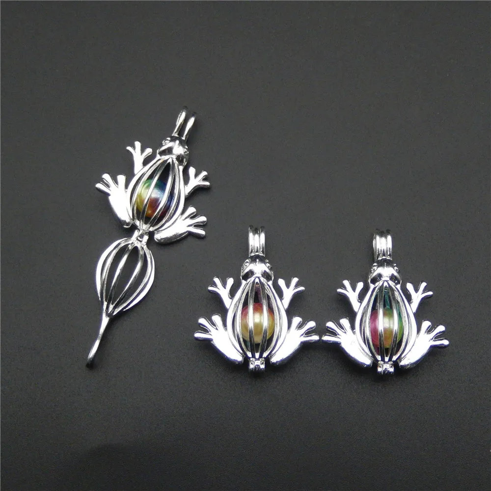 

10pcs silver frog pearl cage necklace pendant, aroma oil diffuser adds your own pearl, stone makes it more attractive.