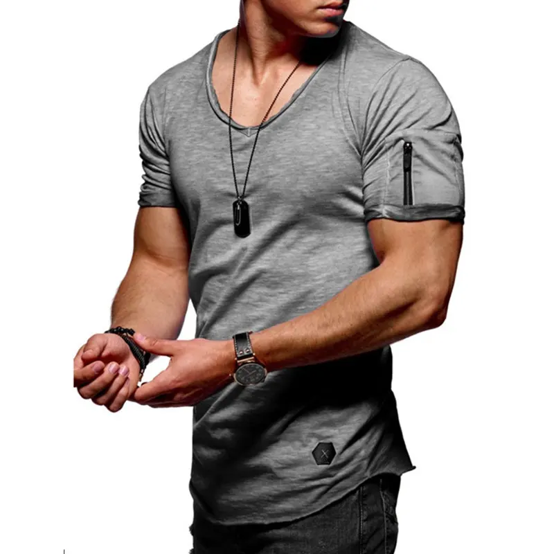 Мужская приталенная футболка Повседневная облегающая на молнии с коротким