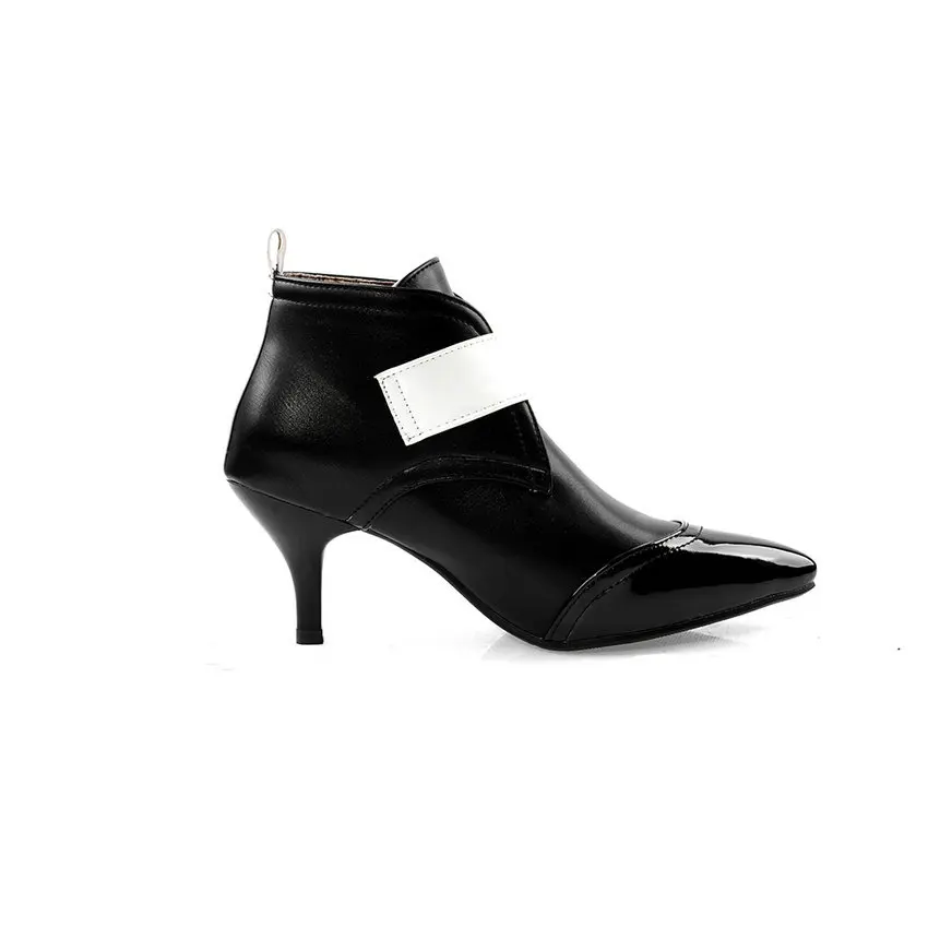 QUTAA Patent Leather Mixed Color Buckle Strap Women Shoes Autumn Winter Sexy Thin Heel Pointed Toe Ankle Boots Size 34-43