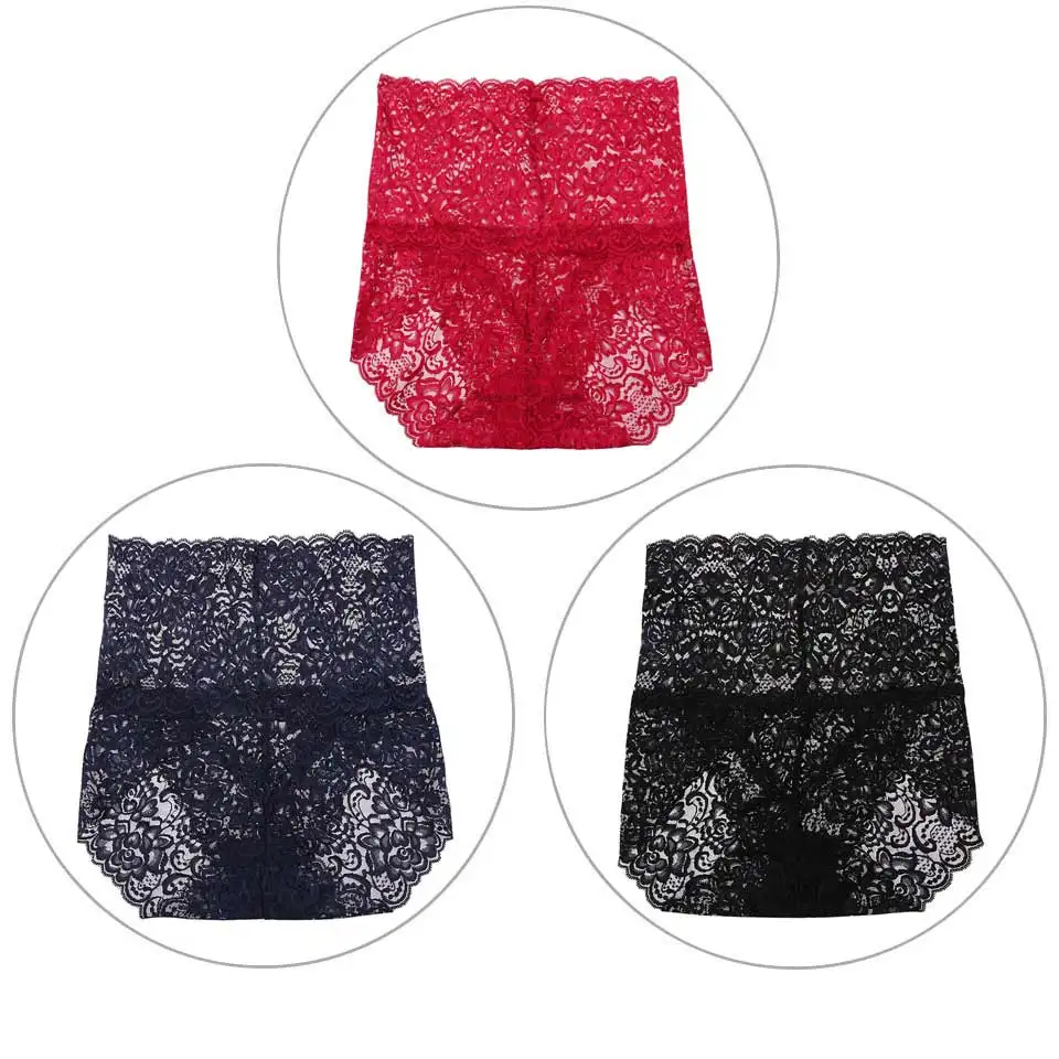 Burgundy Blue Black 3 шт./лот, женские трусики, кружевное нижнее белье, высокая талия, сексуальные бесшовные трусы, женские, XXXL, нижнее белье больших размеров, полностью кружевное, дышащее, новинка - Цвет: Burgundy Blue Black