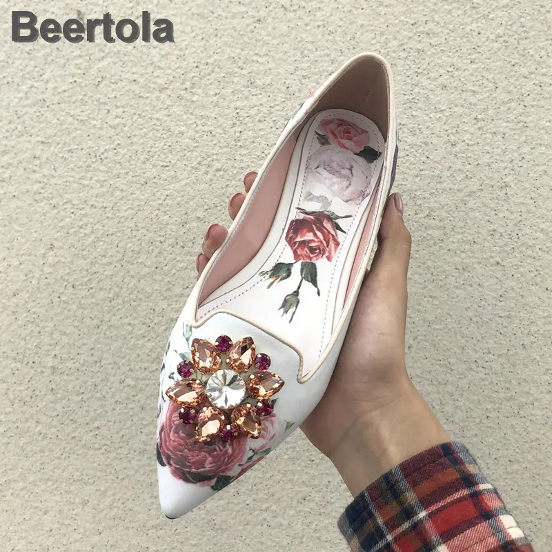 

Print Flower Flat Dress Shoes Woman Fashion Crystal Floral Women White Pointed Toe Single Shoes Flats Rhinestone Large Size Shoe