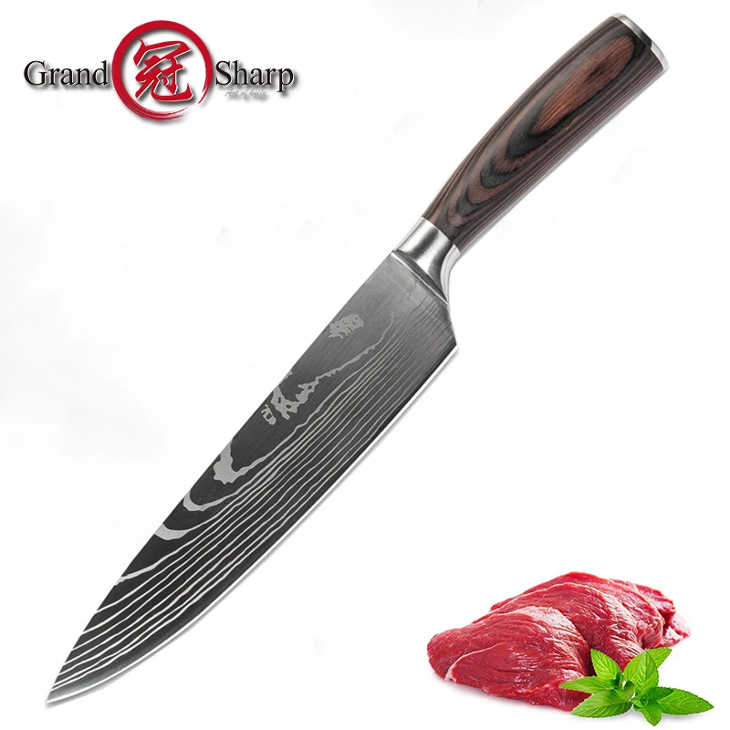 Grandsharp 8 Inch Chef Kitchen Knife Laser Damascus Pattern Stainless Steel Tools with Credit Card Gift | Дом и сад