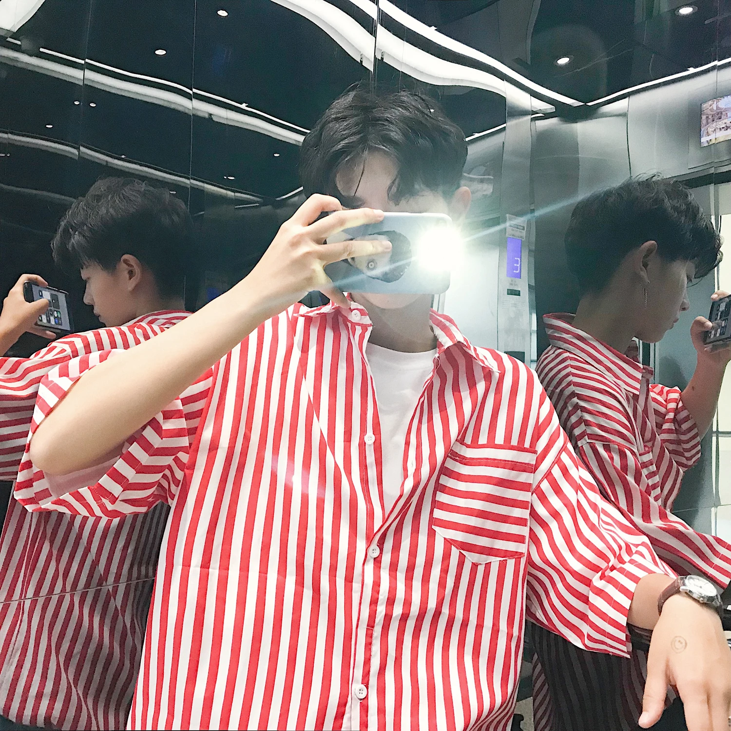 Be. YuMiao корейский Ulzzang Harajuku негабаритных полосок шифоновые рубашки мужские