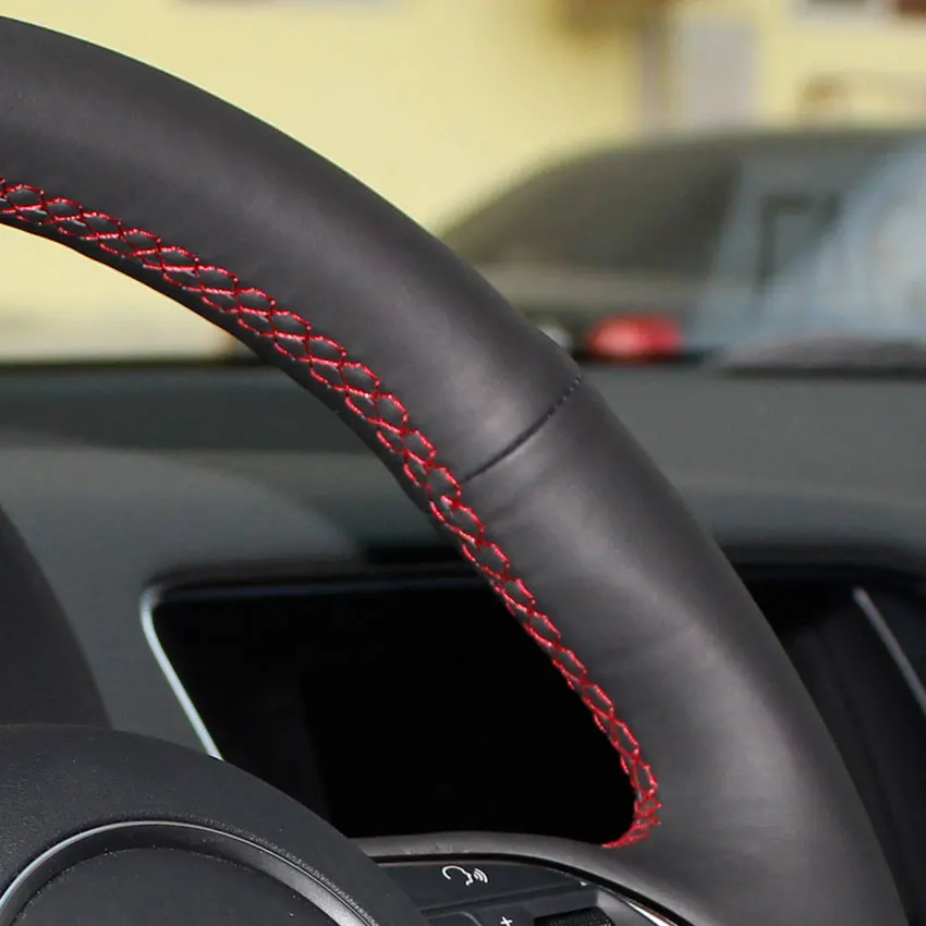 Red Thread No Hole Верхний слой из натуральной коровьей кожи Автомобильный руль чехлы для Volkswagen VW Bora Polo Touran Magotan 2006-2011 - Название цвета: Red Thread No Hole