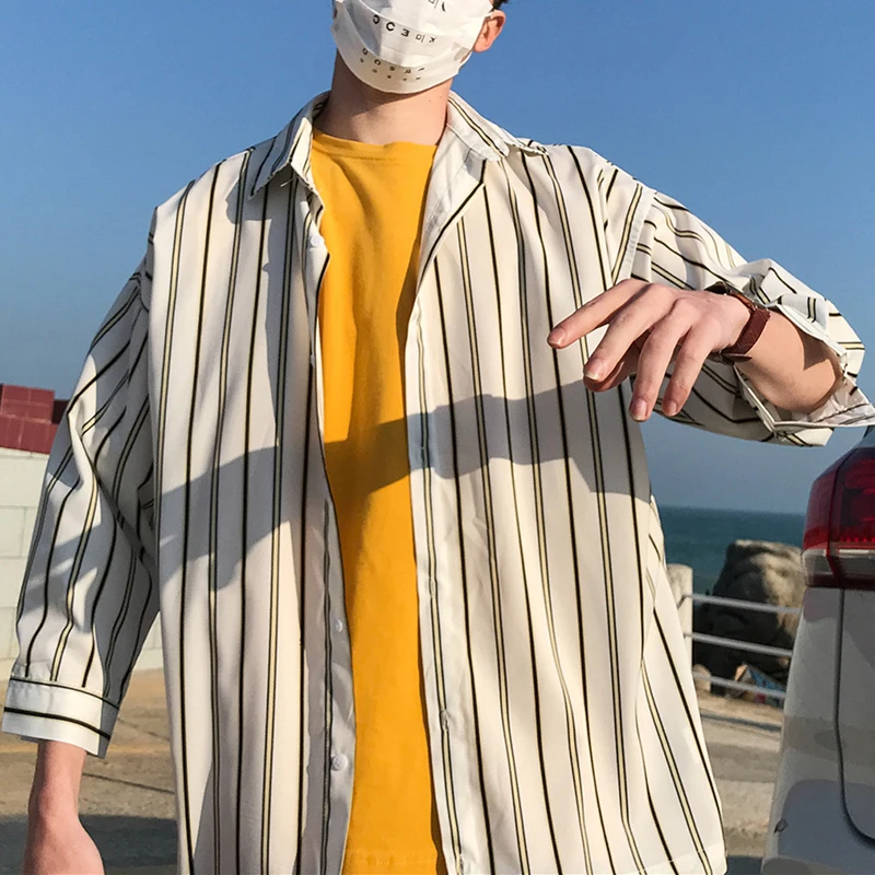 Mens three quarter sleeve black white striped shirt men streetwear regular fit casual Korean fashion dress xxxl 2019 summer CS45 | Мужская