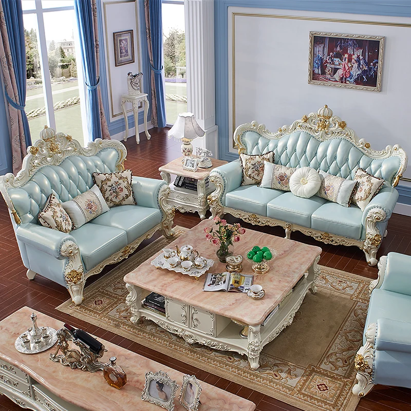 Роскошный кожаный диван из цельного дерева в европейском стиле для гостиной 3 + 2 1