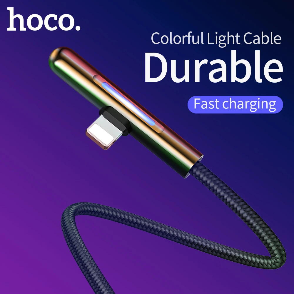 Hoco 90 градусов локоть дизайн USB кабель для iphone кабель 11 Pro XR Xs Max X 8 7 6 ipad2 красочный постепенный свет 2.4A Быстрая зарядка