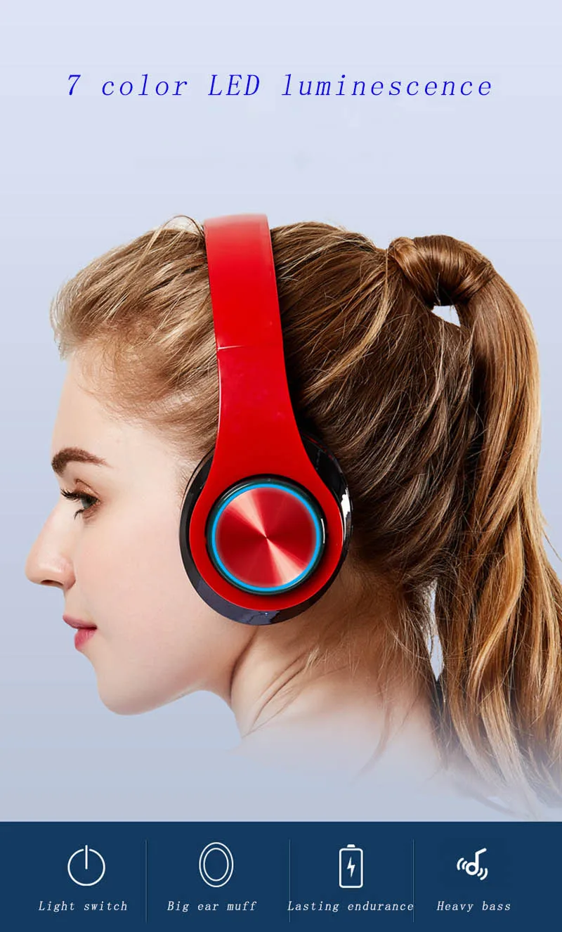 Smart Bluetooth headphone sport muisc stereo noise cancelling wired+wireless foldable support TF card seven color light-emitting |