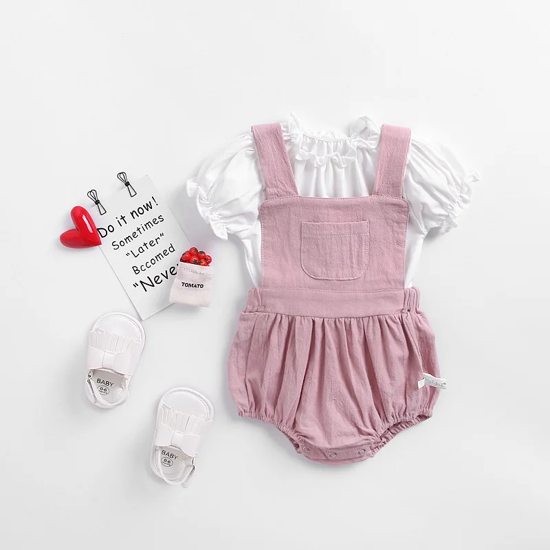 

Lovely Baby Kids Puff Sleeve White Color Tees with Pink Color Rompers Outfits Ins Toddler Cute Girls Child New Fashion 2pcs Sets