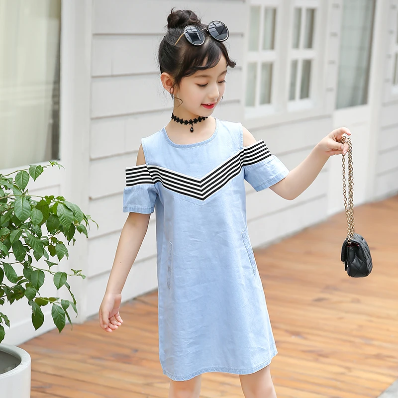 Summer Kids Clothing Baby Girls Denim Dress Casual Off-shoulder Children A-Line Cotton | Детская одежда и обувь