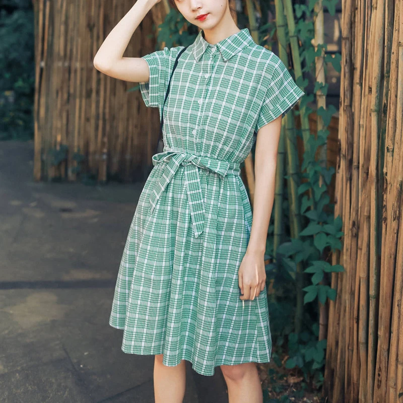 

JMPRS Vintage Plaid Women Dress Summer Short Sleeve Tunic Linen Ladies Sundress Single Button Elegant Sashes Bow Vestidos