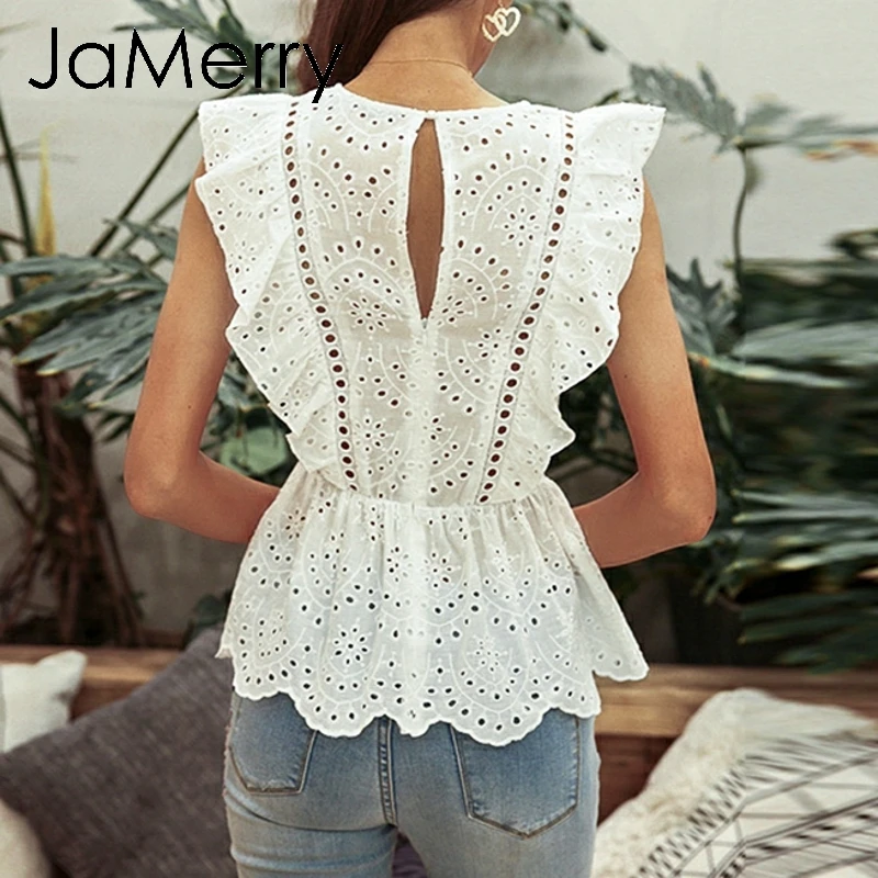 Женский винтажный топ с рюшами JaMerry белый Повседневный хлопковый высокой талией