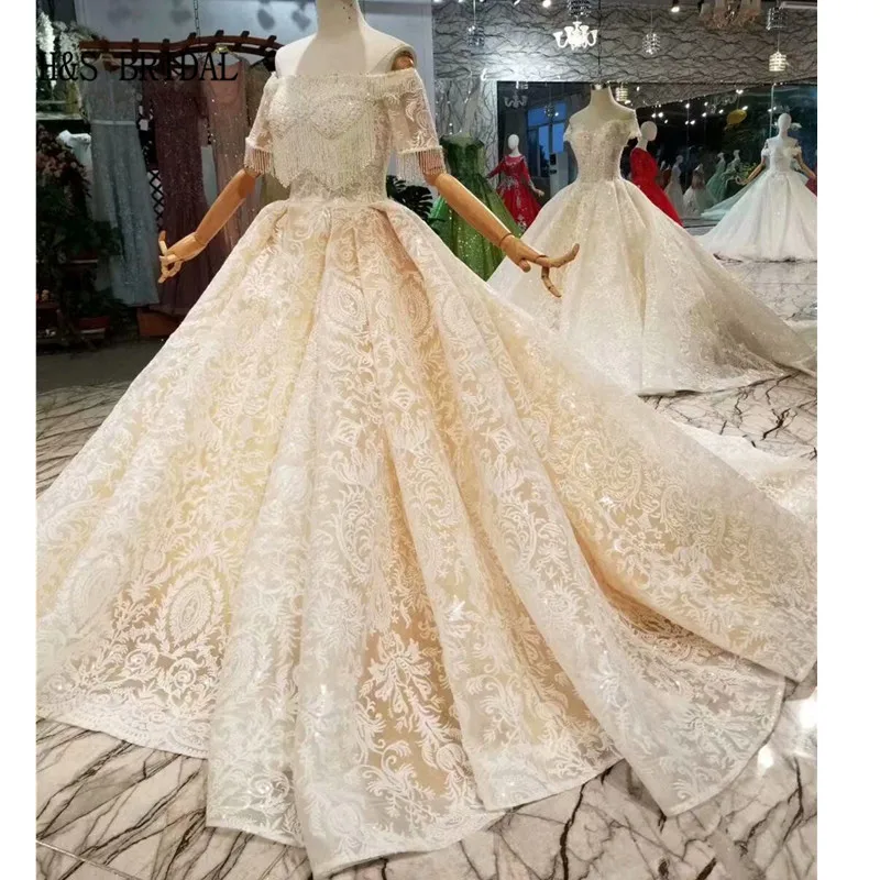 

H & S свадебное платье цвета шампанского с кружевом бальное платье с коротким рукавом романтическое свадебное платье es Свадебные платья 2020 ...