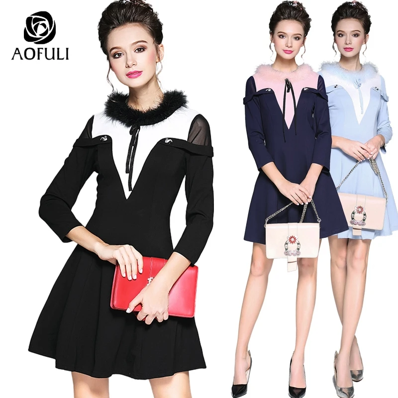 AOFULI S 5XL винтажное платье с меховым воротником и бантом из ленты цветное трапециевидной формы длиной 3/4
