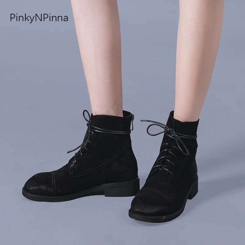 

autumn winter women full leather cow suede desert ankle boots horse riding western vintage lace up low heels booties plus size