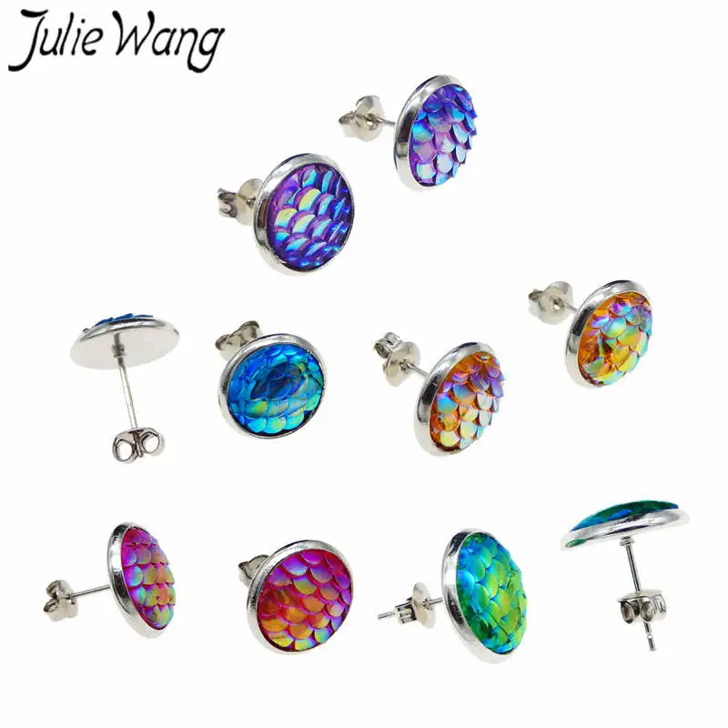 Julie Wang 1 пара Русалка из смолы весы кабошон Разноцветные серьги гвоздики женские