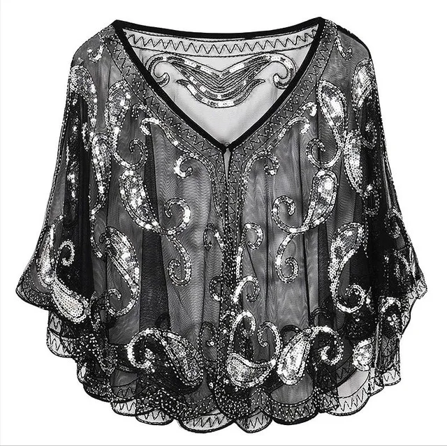 Black Silver JaneVini Blingbling расшитый блестками женский плащ вышитая бисером Свадебная кофта Болеро шаль черные Серебряные Блестки вечерние свадебные куртки палантин - Цвет: Black Silver