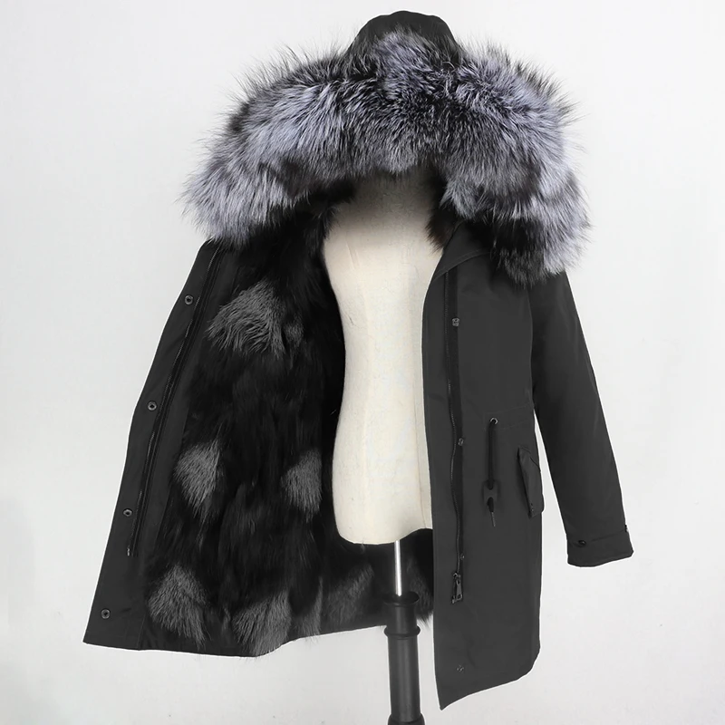 black silver Женское пальто со съемным мехом OFTBUY, бежевая непромокаемая длинная парка с натуральным лисьим мехом, верхняя одежда, зима - Цвет: black silver