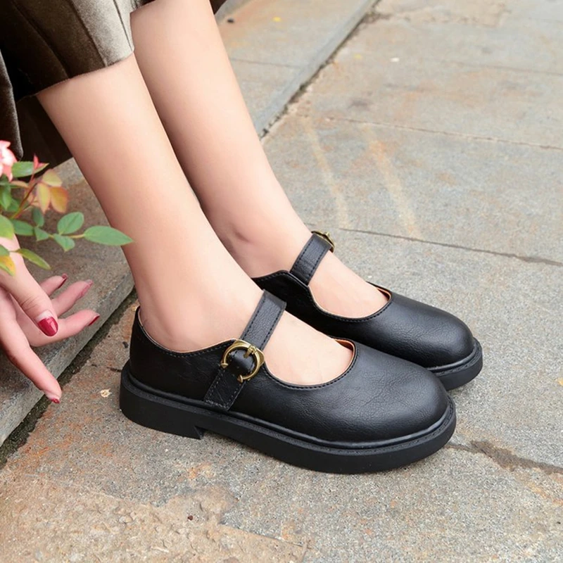 Hung Yau Soft Leather Women Oxfords British New Fashion Platform Flats Casual Buckle Strap Ladies Black Shoes Woman Plus Size 9 | Обувь
