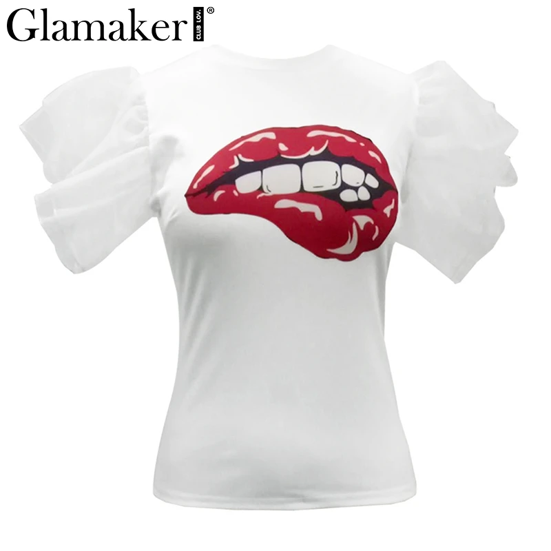 Белый Glamaker, мультяшная, с рюшами, расклешенная, короткий рукав, белая футболка, женская, сетка, женская рубашка, летние топы и футболки, сексуальный топ, женский, с принтом губ - Цвет: Белый