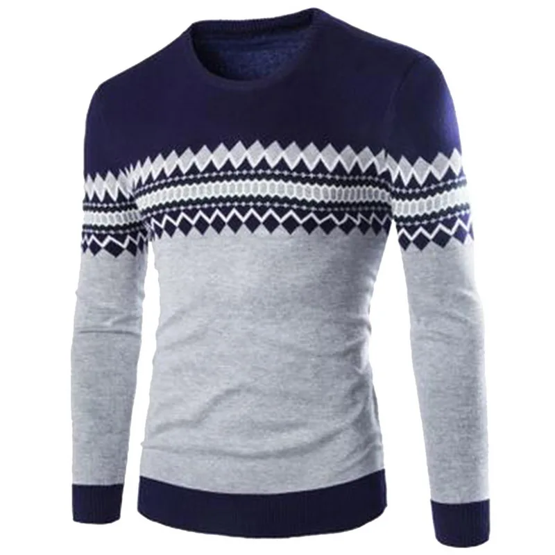 Navy Blue B HEFLASHOR брендовый повседневный мужской свитер, Модный Полосатый лоскутный приталенный пуловер, Мужская одежда, осенний свитер с длинными рукавами и круглым вырезом - Цвет: Navy Blue B