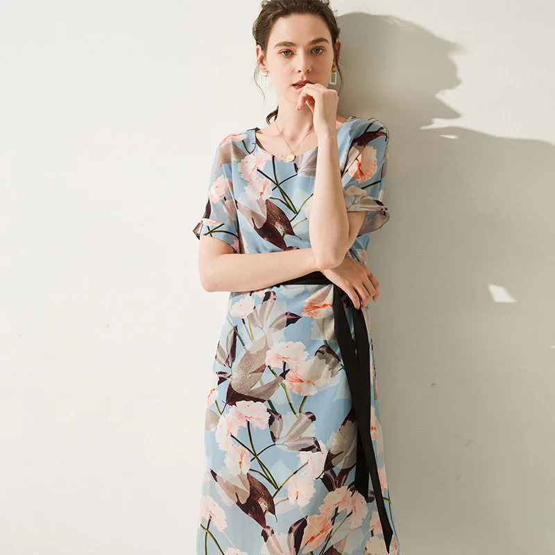 Летнее шелковое платье высокого качества размера плюс с принтом плиссированное