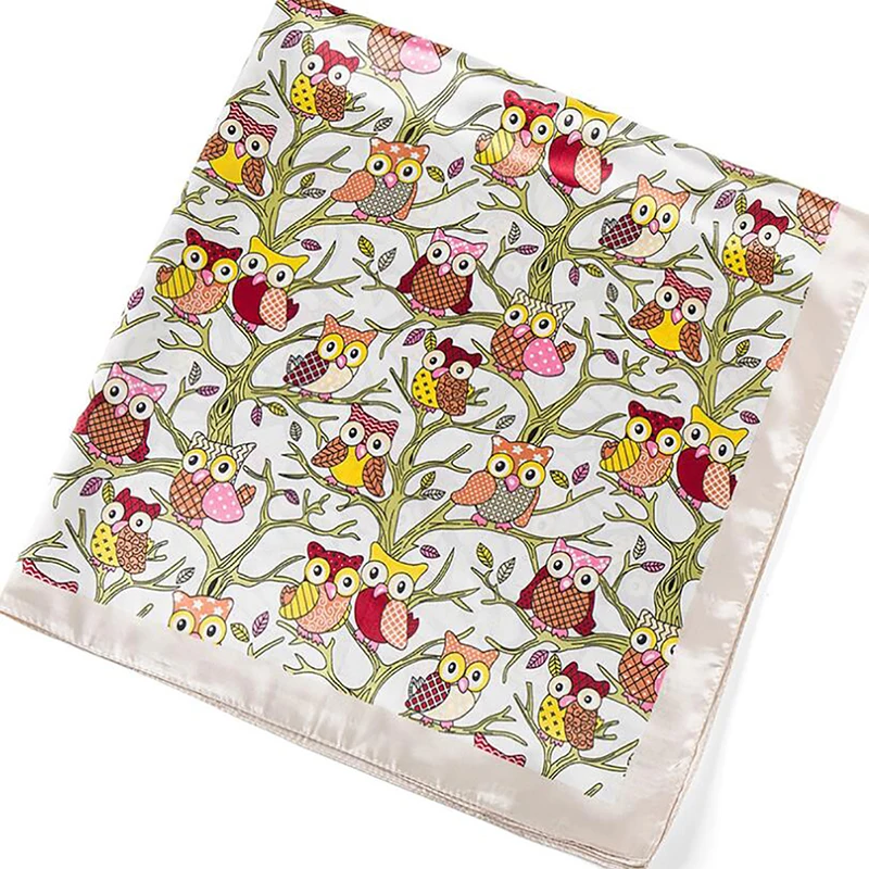 Women Scarf Luxury Brand Owl Tree Print Hijab Silk Satin Shawls Foulard Square Head Scarves Wraps For Ladies 90x90CM |