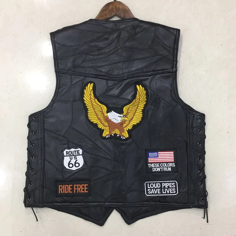 

Black Genuine Leather Motorcycle Rider Vest Men Punk Retro Classic Style 14 Patches Motorcycle Jacket Men Vest Clothing