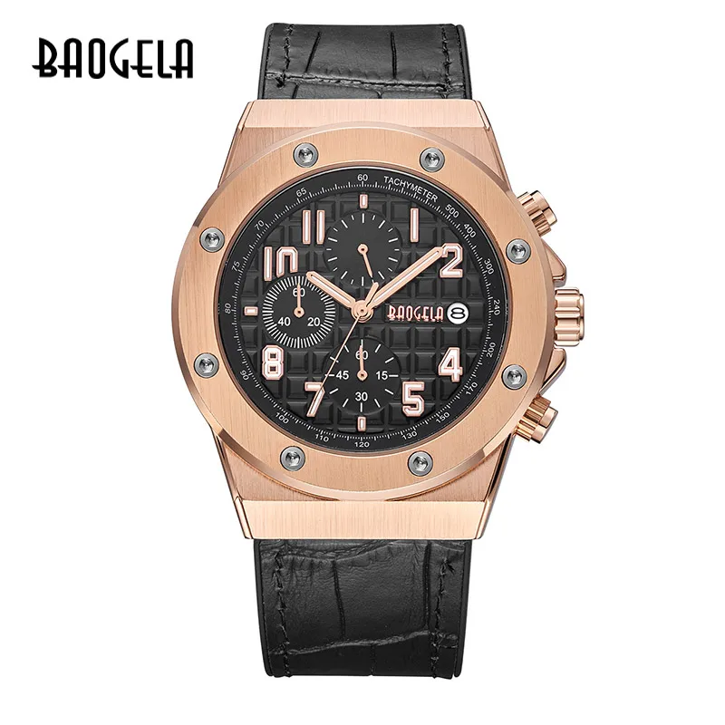 BAOGELA Homme Nouveau кварцевый браслет Montres, Chronographe, дизайнерский, светящийся, мужской, Cuir браслет, Relog - Цвет: BGL1805 Rose  Black
