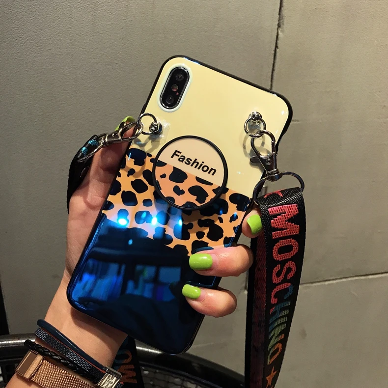 Luxury Laser Leopard 3in1 Lanyard +Holder +Cover Case for iPhone XR X XS Max 7 7plus 8 8plus 6 s Plus Fashion Cover Capa Coque |
